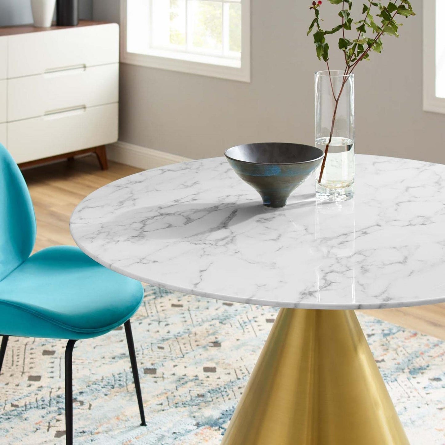 patio dining tables | CasaFoyer Tupelo 47 Dining Table | Modern Style | Mid-Century Charm | Polished Gold Metal Base | Artificial Marble Top | Easy Maintenance | Non-Marking Ring | casafoyer.myshopify.com