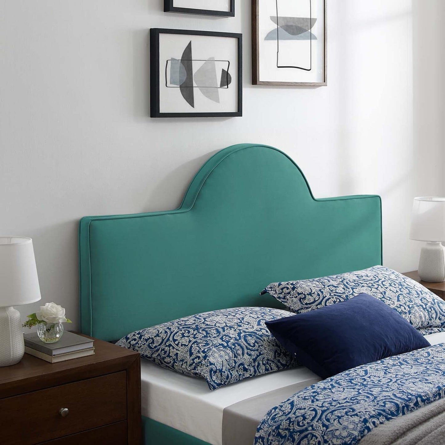 Bed | CasaFoyer Dawn Performance Velvet Full/Queen Headboard | Elegant Curved Design | Stain-Resistant Upholstery | Cushioned & Adjustable | Fits Most Bed Frames | Teal | casafoyer.myshopify.com