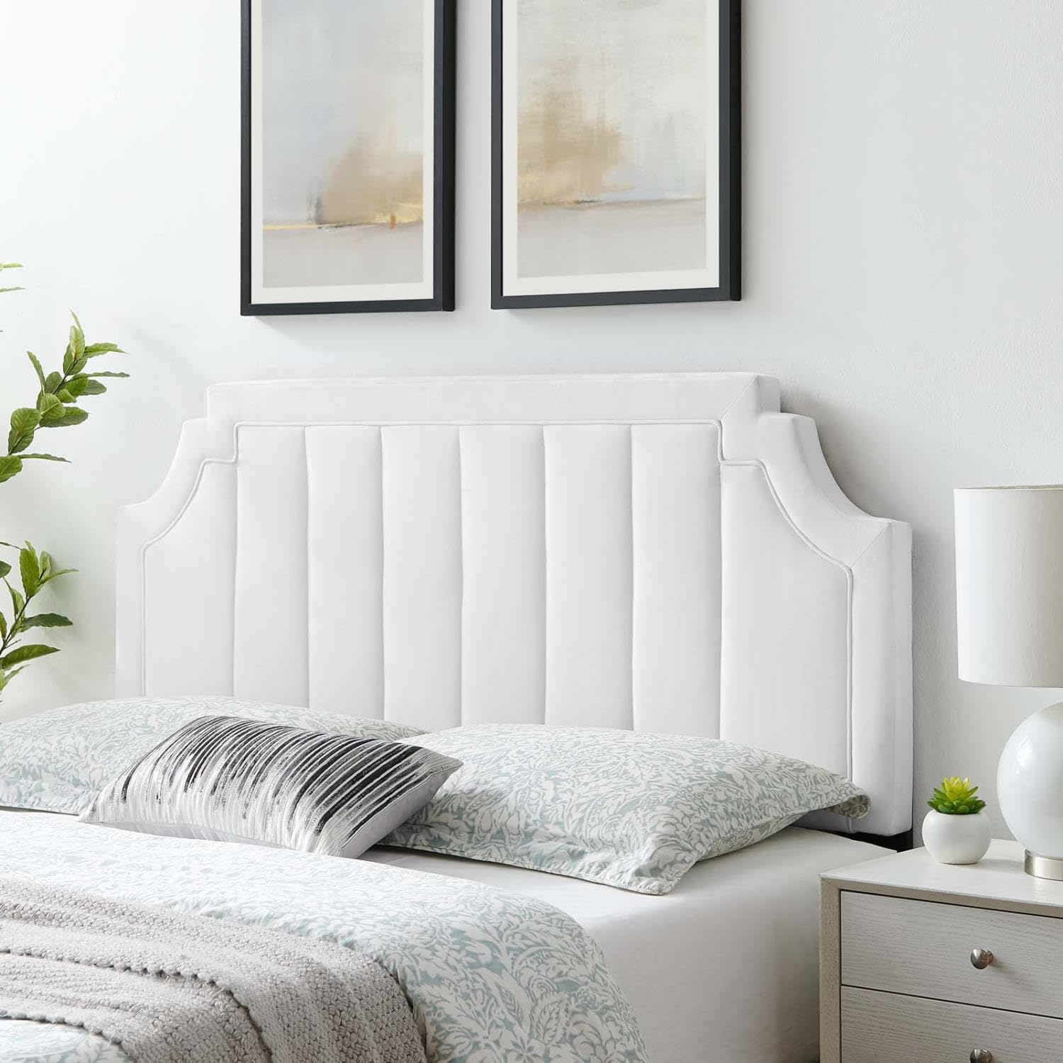 headboards | CasaFoyer Alyona Channel Tufted Performance Velvet Full/Queen Headboard | Glam Deco Style | Vintage Modern Elegance | Stain-Resistant | Adjustable | White | casafoyer.myshopify.com