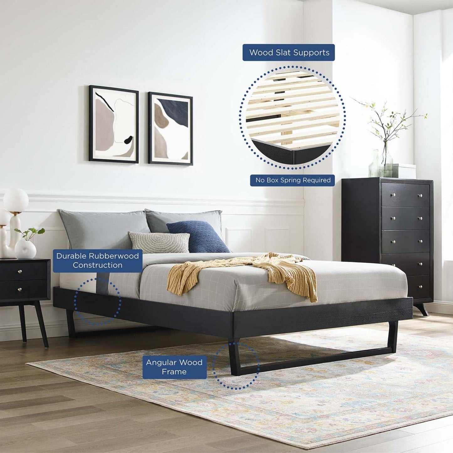 Bed | CasaFoyer Billie Queen Platform Bed Frame | Modern Style | Interchangeable Headboards | Durable Wood Construction | No Box Spring Needed | Easy Assembly | Black | casafoyer.myshopify.com