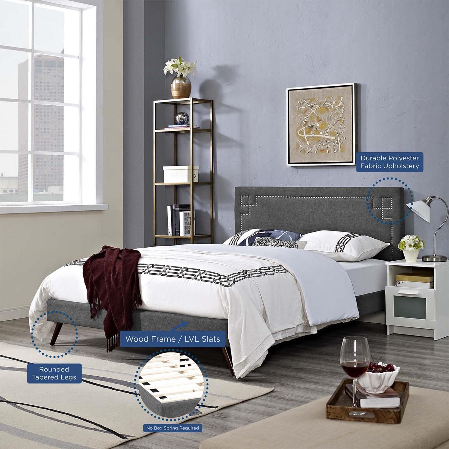 Bed | CasaFoyer Ruthie Platform Bed | Solid Wood Frame | Polyester Upholstery | Tapered Legs | Wooden Slat Support System | Gray | casafoyer.myshopify.com