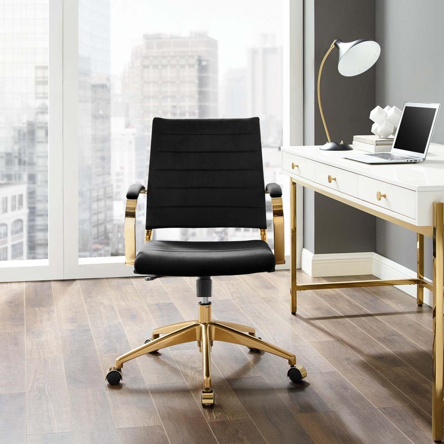 home office desk chairs | CasaFoyer Jive Mid Back Office Chair | Stylish & Functional | Ribbed Velvet Back | Stain-Resistant | Padded Armrests | Chrome-Plated Aluminum Base | Easy Mobility | Tension Knob & Tilt Lock | Modern Office Design | casafoyer.myshopify.com