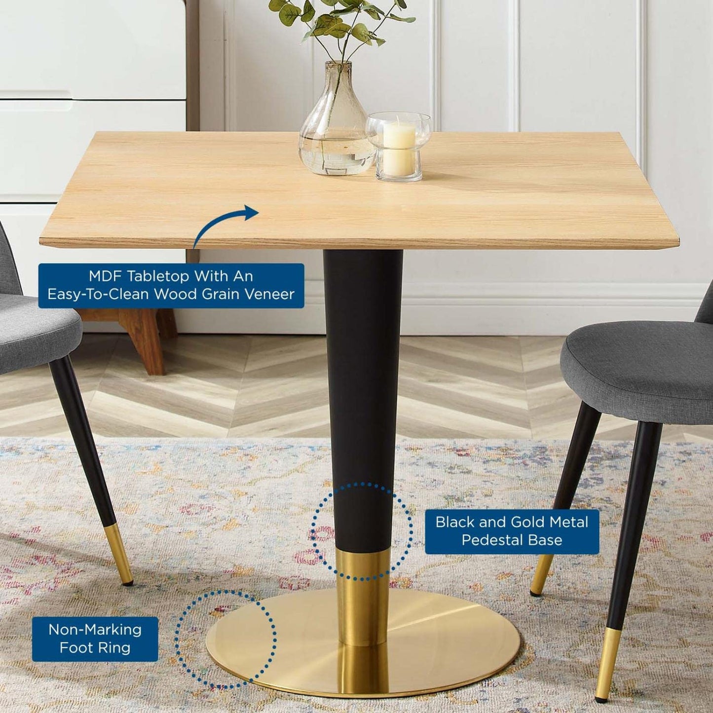 patio dining tables | CasaFoyer Zinque Dining Table | Stylish Modern Mid-Century Design | 36 Square | Black & Gold Base | Durable MDF & Wood Grain Veneer | Easy to Clean | Non-Marking Ring | Assembly Required | casafoyer.myshopify.com