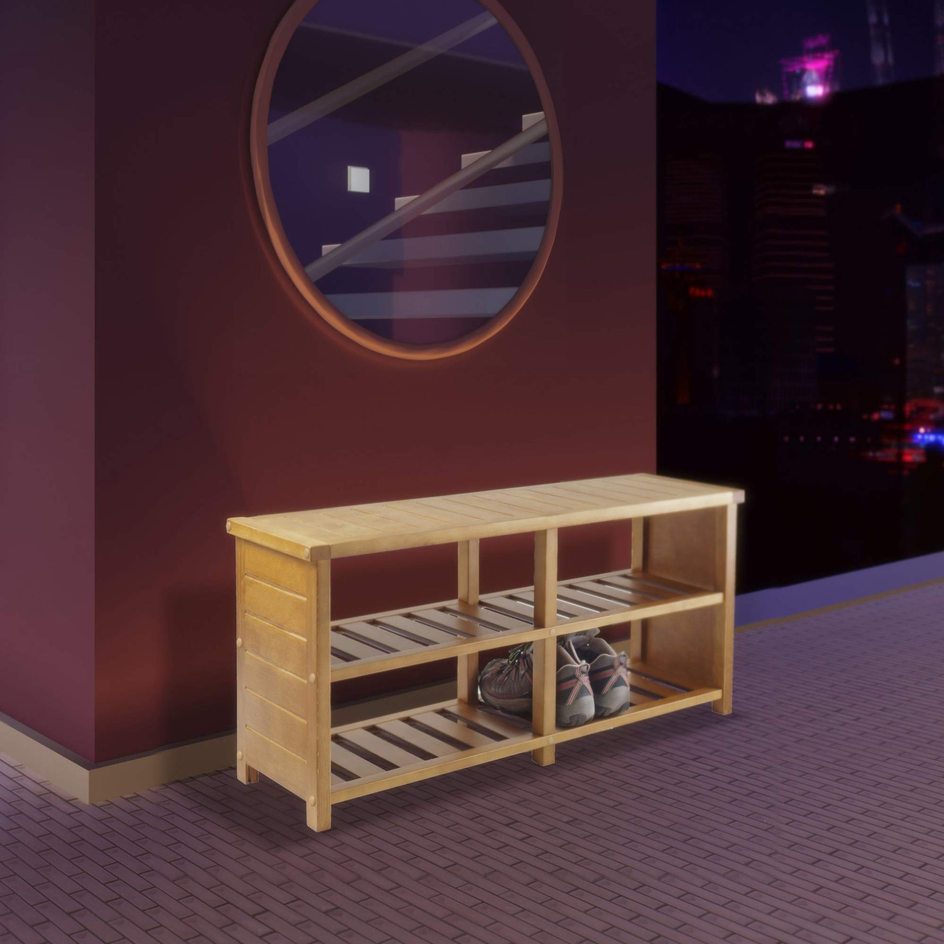 BENCH | Ergode Keystone Shoe Bench | Shoe Organizer with Top Seat & Divided Shelves | Teak Finish | 38.43W x 11.81D x 18.27H | 200 lbs Capacity | casafoyer.myshopify.com