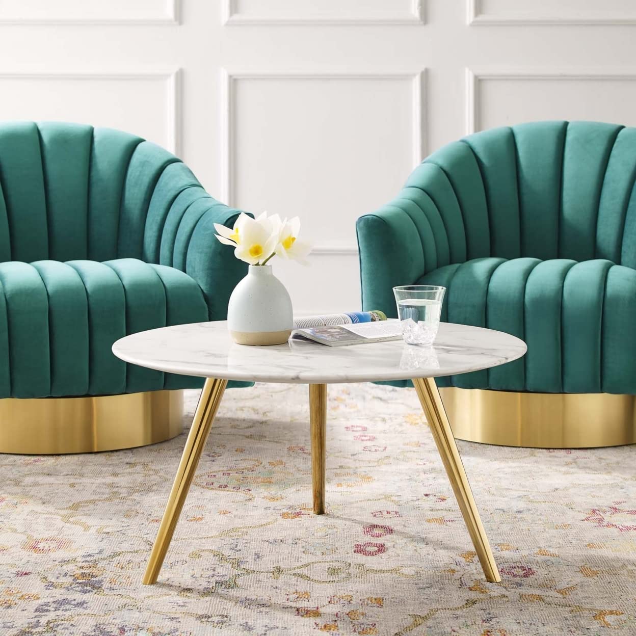 coffee tables | Ergode Lippa 28 Round Faux Marble Coffee Table | Gold White | Timeless Design | Scratch-Resistant Finish | Ideal for Living Room, Lounge, Home Office | casafoyer.myshopify.com