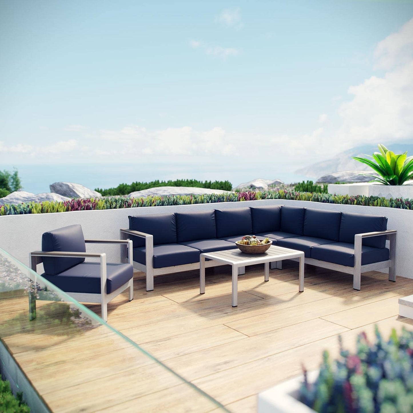 kitchen and dining room sets | CasaFoyer Shore Outdoor Patio Collection | 6 Piece Aluminum Sectional Sofa Set | Durable & Weatherproof | Silver Navy | casafoyer.myshopify.com