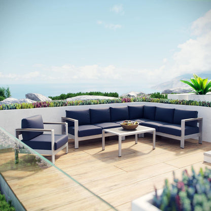 kitchen and dining room sets | CasaFoyer Shore Outdoor Patio Collection | 6 Piece Aluminum Sectional Sofa Set | Durable & Weatherproof | Silver Navy | casafoyer.myshopify.com