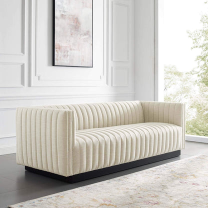 sofas | CasaFoyer Conjure Channel Tufted Fabric Upholstered Sofa | Luxurious Glam Deco Style | Retro Modern Charm | Comfortable Seating | Matte Black Wooden Base | casafoyer.myshopify.com