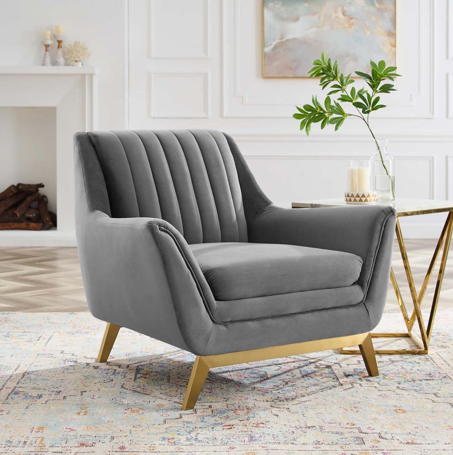 home office desk chairs | CasaFoyer Winsome Channel Tufted Performance Velvet Armchair | Elegant Vintage Design | Stain-Resistant | Comfortable | Gold Accents | Flared Silhouette | Gray | casafoyer.myshopify.com
