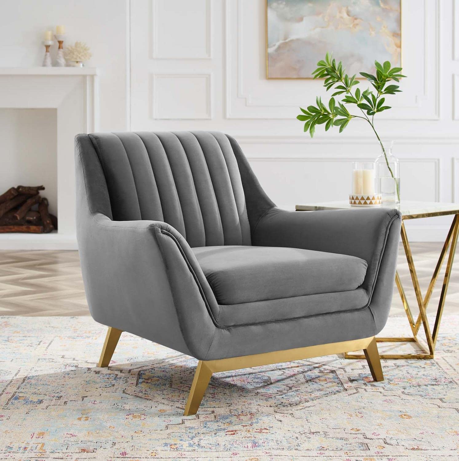 home office desk chairs | CasaFoyer Winsome Channel Tufted Performance Velvet Armchair | Elegant Vintage Design | Stain-Resistant | Comfortable | Gold Accents | Flared Silhouette | Gray | casafoyer.myshopify.com