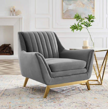 home office desk chairs | CasaFoyer Winsome Channel Tufted Performance Velvet Armchair | Elegant Vintage Design | Stain-Resistant | Comfortable | Gold Accents | Flared Silhouette | Gray | casafoyer.myshopify.com