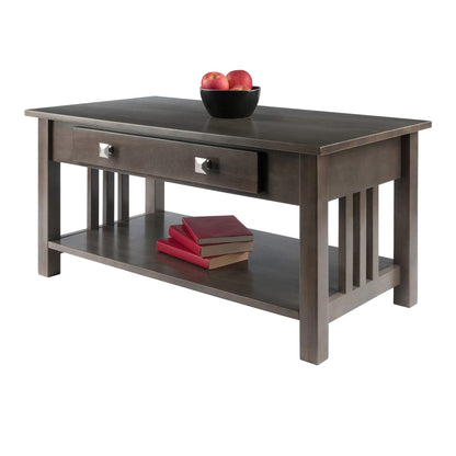 TABLE | Ergode  Wood Stafford Coffee Table | Oyster Gray Finish | Slatted Side Panels | Full-Size Drawer | Lower Shelf | Solid & Composite Wood | casafoyer.myshopify.com
