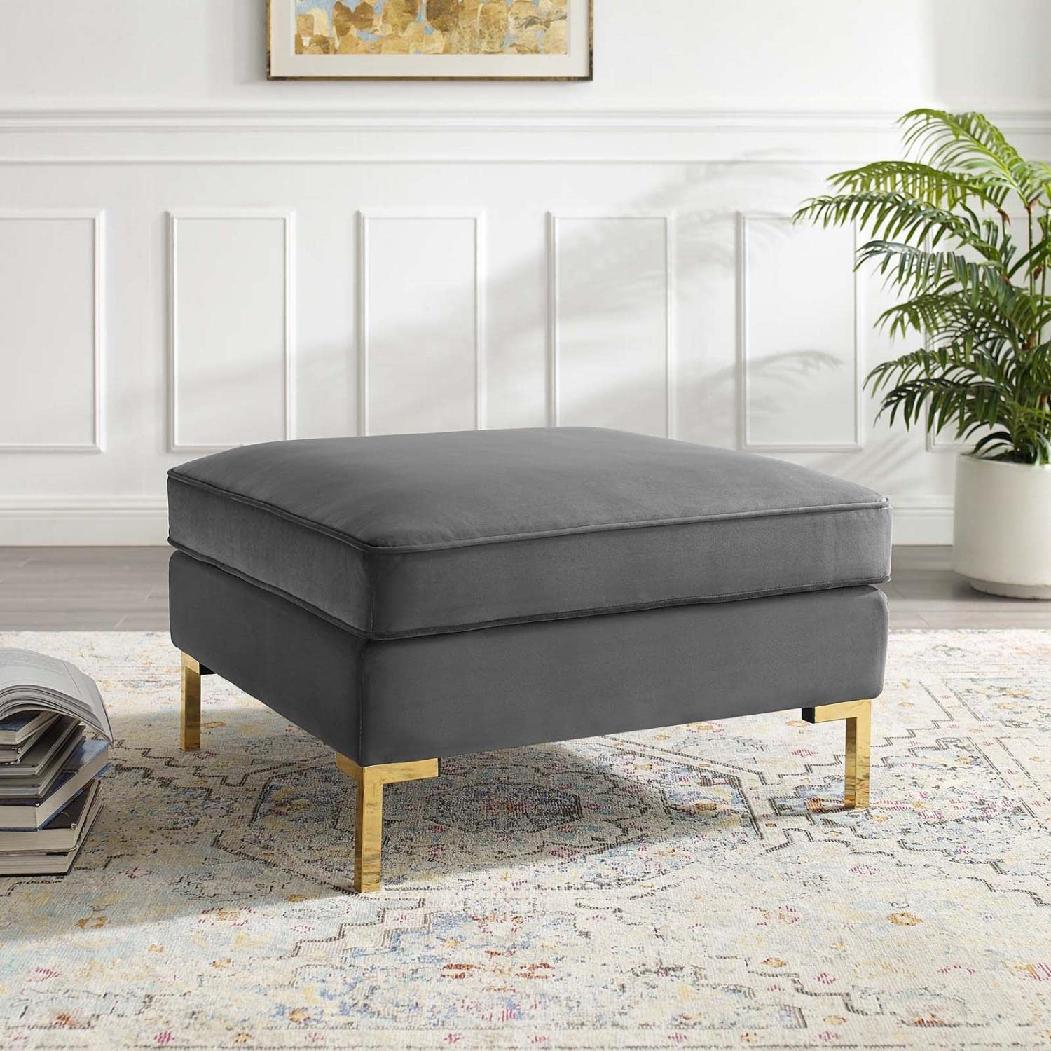 ottomans | CasaFoyer Ardent Performance Velvet Ottoman | Vintage Modern Glam Deco Style | French Piping | Stain-Resistant | Secure Fit | Gold Metal Legs | casafoyer.myshopify.com