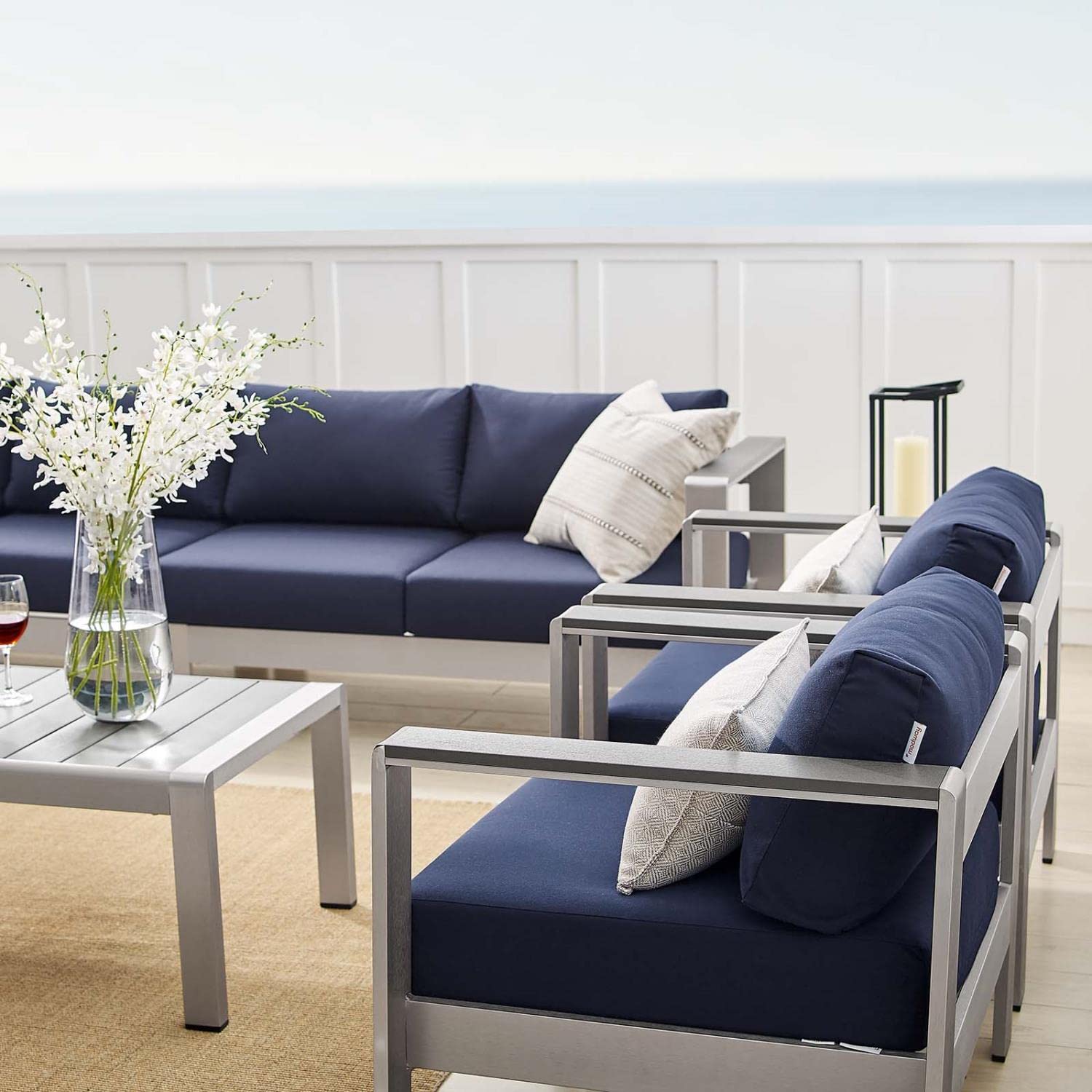 executive chairs | CasaFoyer Shore Outdoor Patio Aluminum 7 Piece Sectional Sofa Set | Weatherproof | Sunbrella Fabric | Silver Navy | casafoyer.myshopify.com