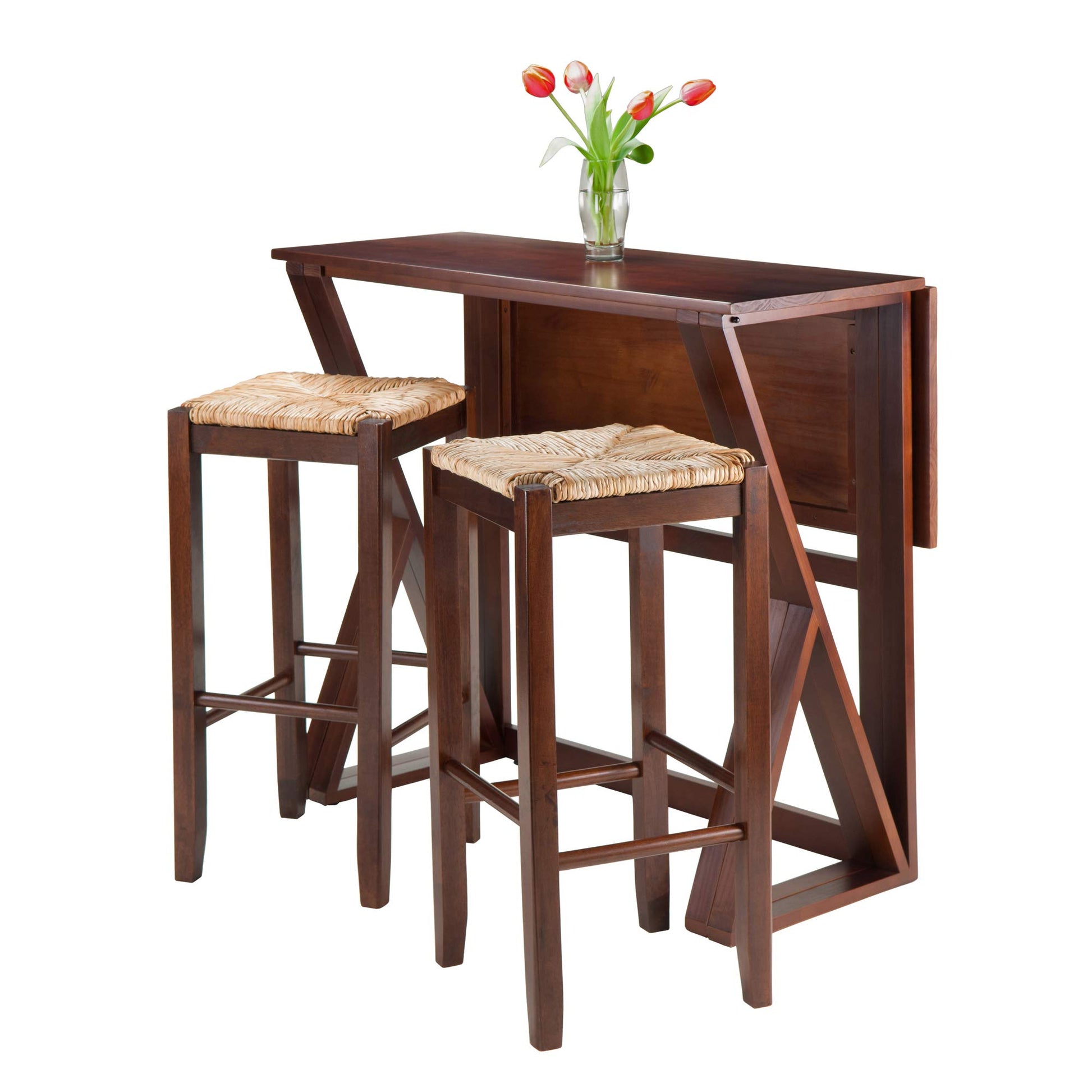 childrens table and chair sets | CasaFoyer Harrington Drop Leaf High Table Set | Solid Wood | Walnut Finish | 39.37W x 31.5D x 36.22H | 45.05 lbs | Includes 2 Stools | casafoyer.myshopify.com