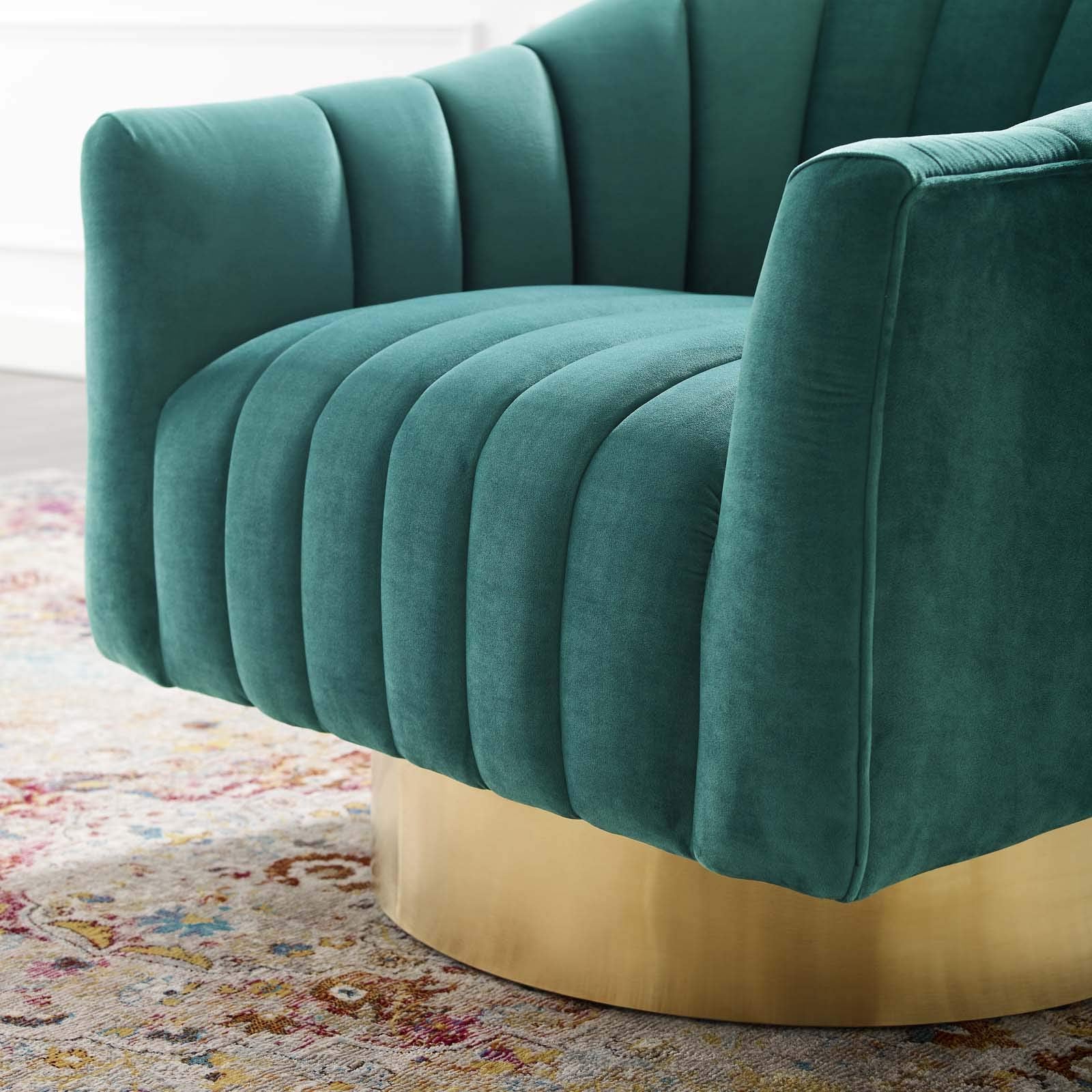 home office desk chairs | CasaFoyer Buoyant Vertical Channel Tufted Accent Lounge Swivel Chair | Ultimate Comfort & Style | Vintage Look | Stain-Resistant Velvet | Plush Seating | Gold Stainless Steel Base | casafoyer.myshopify.com