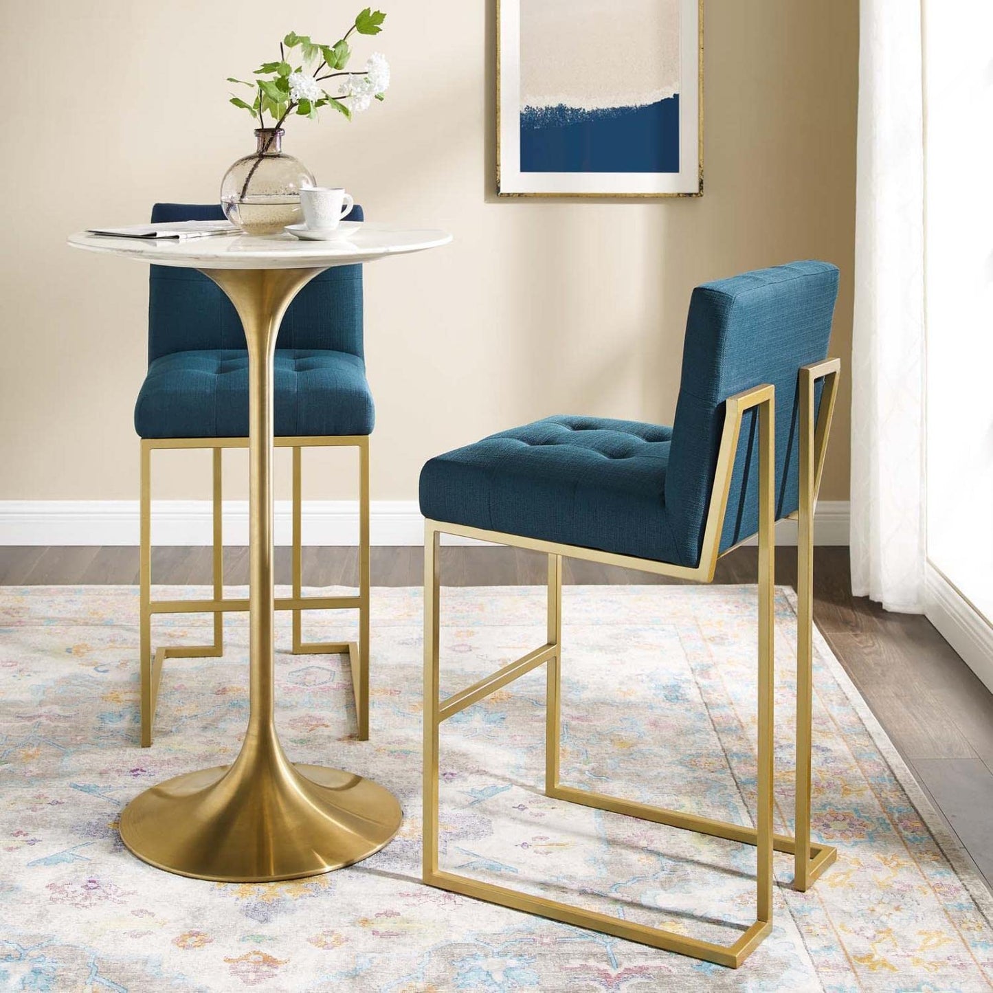 barstools | CasaFoyer Privy Bar Stool Set of 2 | Gold Stainless Steel | Plush Fabric Upholstery | No Assembly | 331 lbs Capacity | casafoyer.myshopify.com