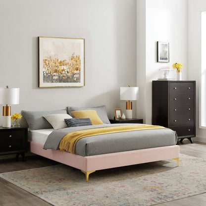 Bed | CasaFoyer Sutton Performance Velvet Queen Bed Frame | Stain-Resistant Upholstery | Wood Slat Support | Gold Metal Legs | 800 lb Weight Capacity | casafoyer.myshopify.com