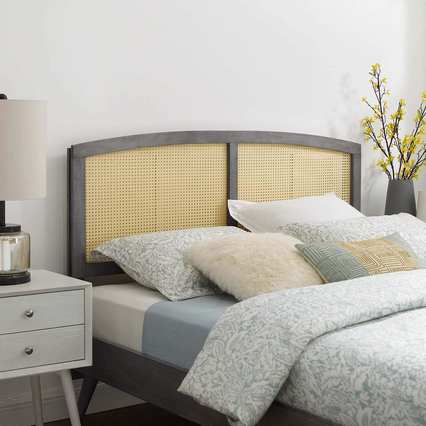 Bed | CasaFoyer Halcyon Cane Woven Rattan Queen Headboard | Serene Island Vibe | Mid-Century Modern Design | Natural Wood Frame | Durable Rubberwood | Gray | casafoyer.myshopify.com