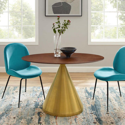 patio dining tables | CasaFoyer Tupelo 48 Dining Table | Modern Style | Mid-Century Influence | Polished Gold Metal Base | MDF Tabletop with Wood Grain Veneer | Non-Marking Ring | Easy to Clean | Assembly Required | casafoyer.myshopify.com