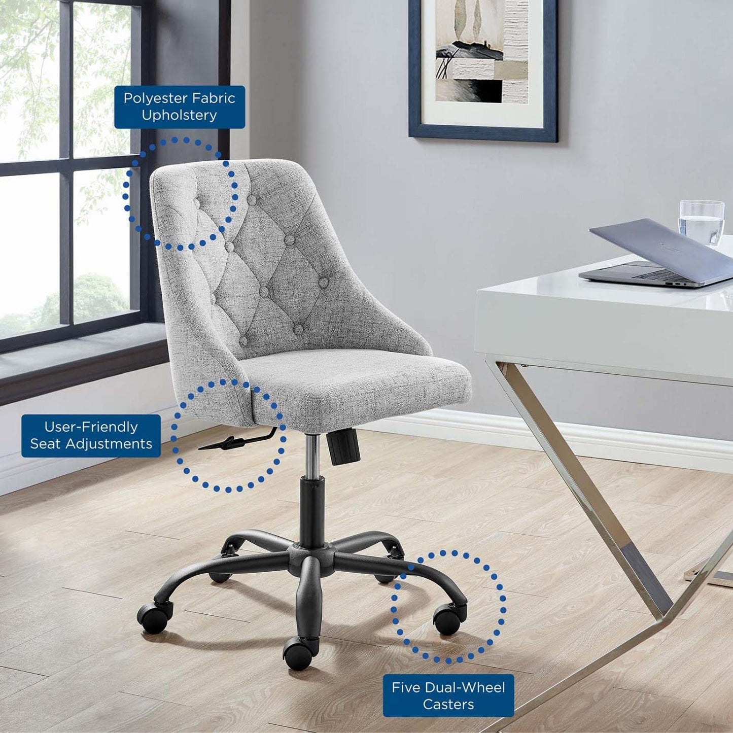 home office desk chairs | CasaFoyer Distinct Tufted Upholstered Office Chair | Modern Style | Vintage Elegance | Comfortable Seating | Black Light Gray | 360-degree Swivel | Tilt Control | Height Adjustment | casafoyer.myshopify.com