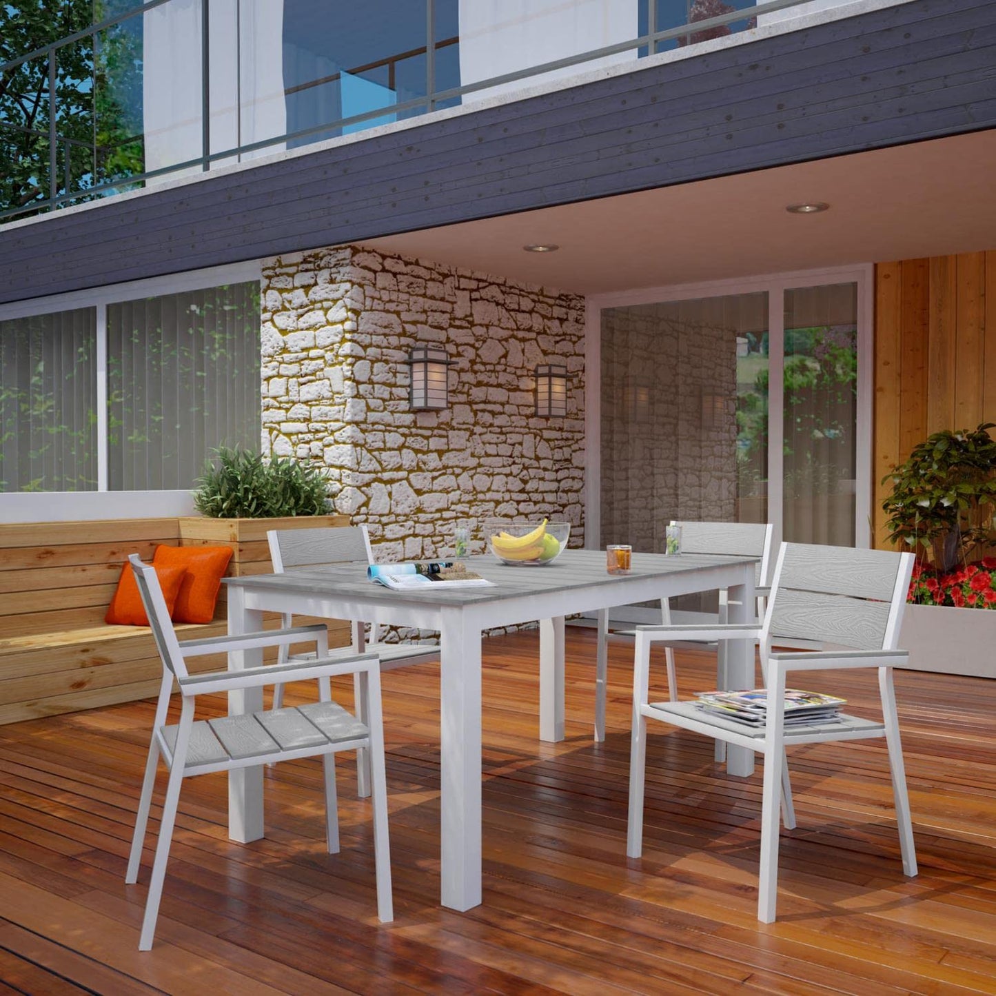 Patio Furniture Sets | Maine Outdoor Patio Dining Furniture Collection | Synthetic Wood Grain Plank Boards | Aluminum Frame | 5 Piece Set | White Light Gray | casafoyer.myshopify.com