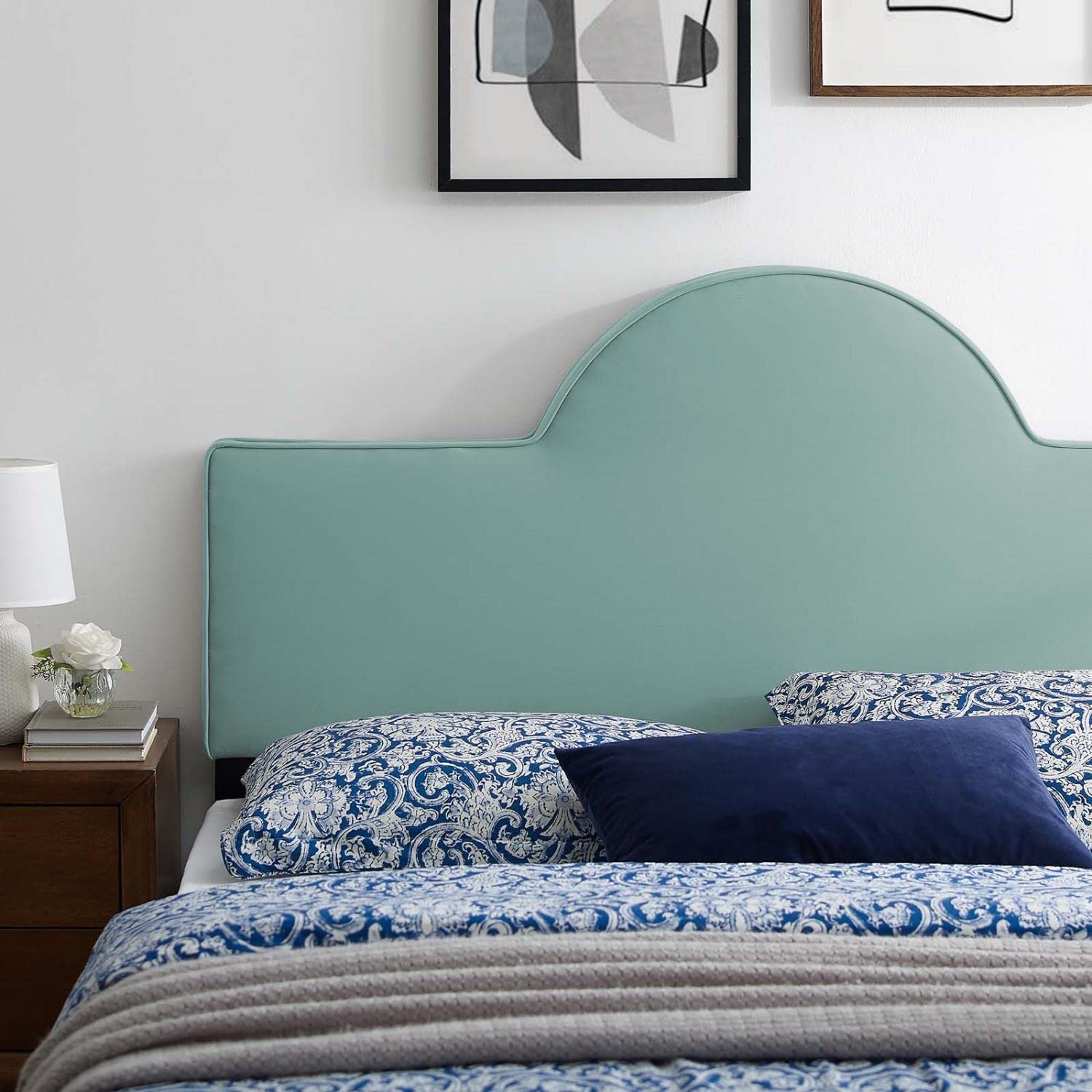 Bed | CasaFoyer Dawn Performance Velvet Full/Queen Headboard | Stylish Sunrise Design | Stain-Resistant | Plush Foam Padding | Adjustable Height | Mint | casafoyer.myshopify.com