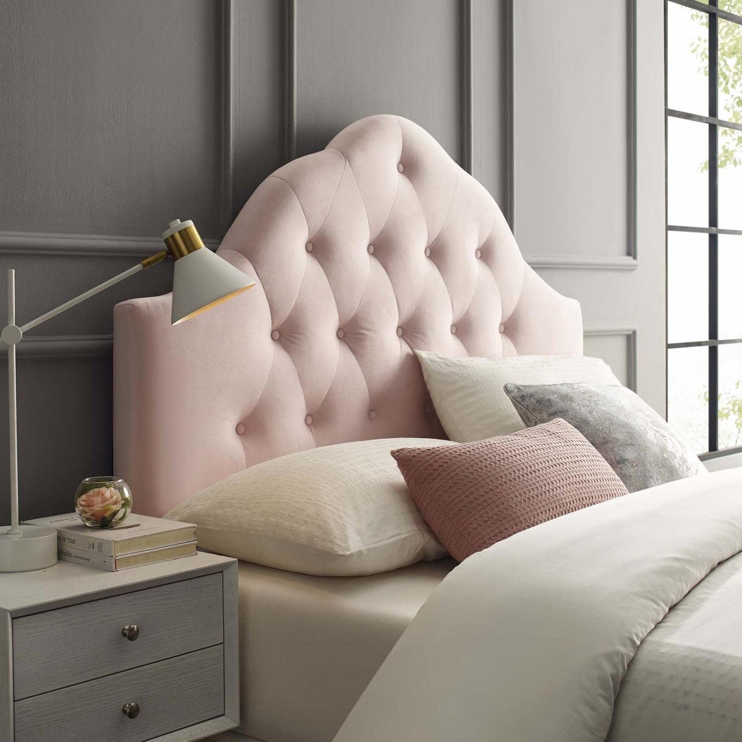 headboards | CasaFoyer Sovereign Performance Velvet Full Headboard | Luxurious, Glamorous, Soft & Stain-Resistant | Adjustable Height | Pink | casafoyer.myshopify.com