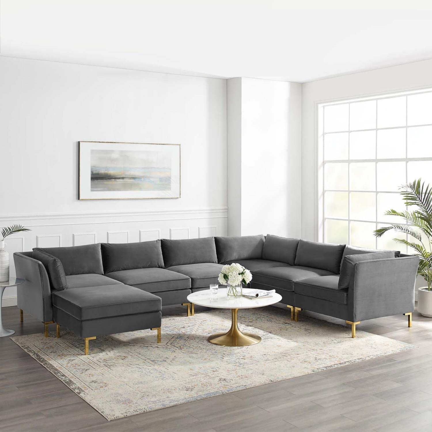 kitchen and dining room sets | CasaFoyer Ardent Performance Velvet 7-Piece Sectional Sofa | Vintage Modern Glam Deco Style | French Piping | Stain-Resistant | Gold Metal Legs | Versatile Configurations | Premium Seating | Gray | casafoyer.myshopify.com