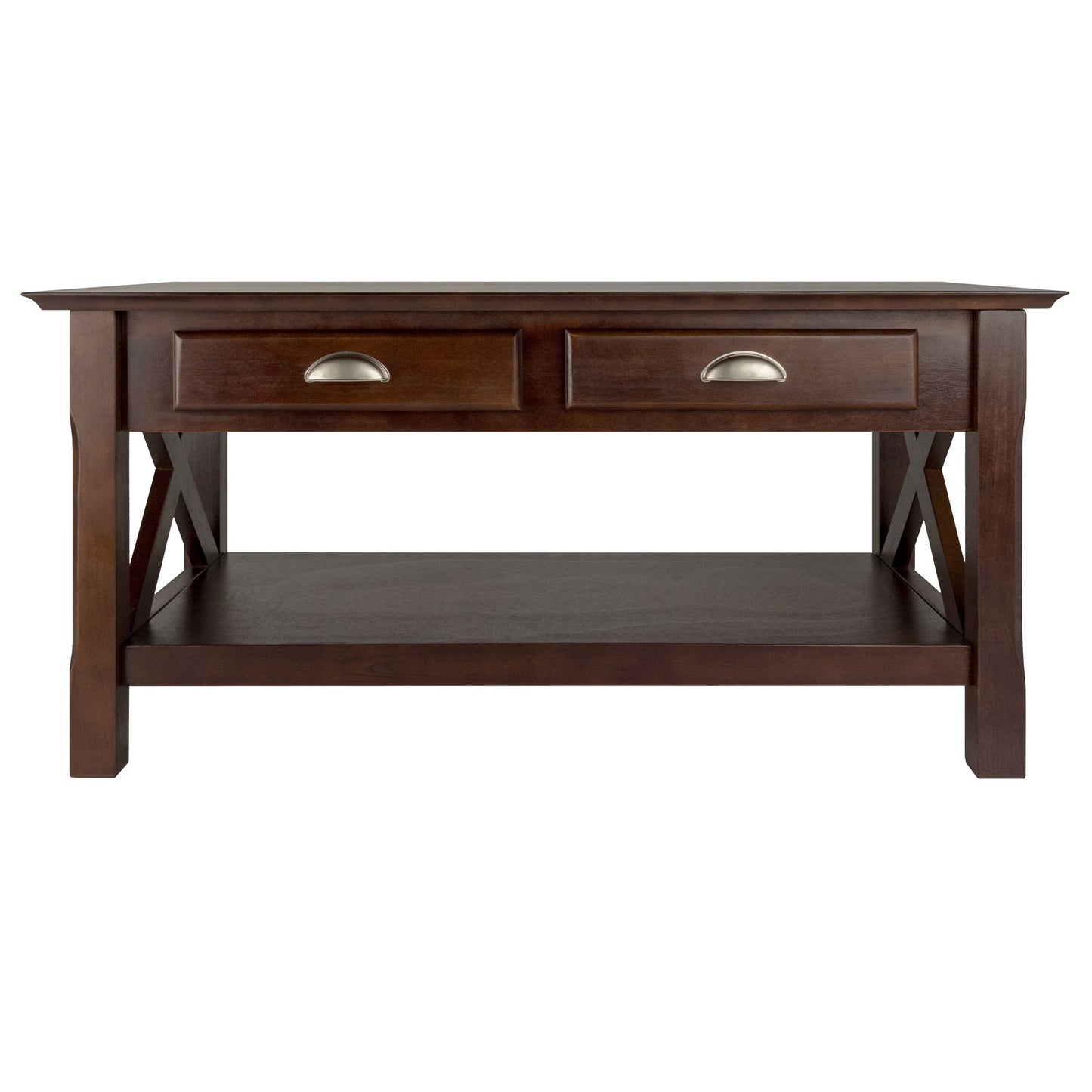 TABLE | CasaFoyer Xola X-Panel Coffee Table | Cappuccino | 37W x 21D x 18H | 2 Drawers | Bottom Shelf | Solid Wood | Assembly Required | casafoyer.myshopify.com