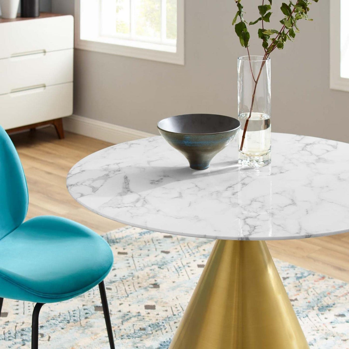 patio dining tables | CasaFoyer Tupelo 40 Dining Table | Modern Style | Mid-Century Flair | Polished Gold Metal Base | Artificial Marble Top | Easy to Clean | Non-Marking Ring | casafoyer.myshopify.com