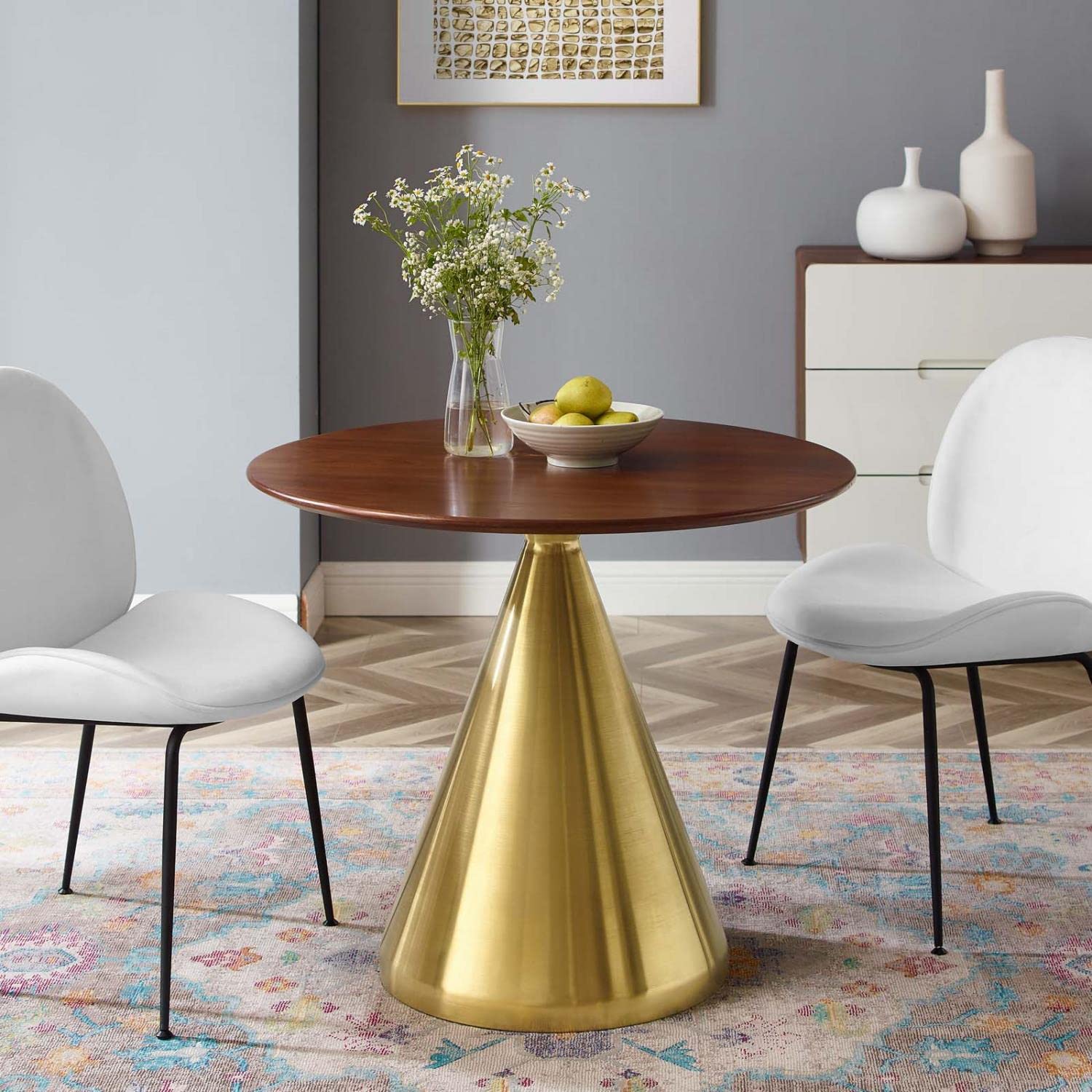 patio dining tables | CasaFoyer Tupelo 36 Dining Table | Modern Mid-Century Style | Gold Metal Base | Easy to Clean Wood Grain Veneer | Non-Marking Ring | Assembly Required | casafoyer.myshopify.com