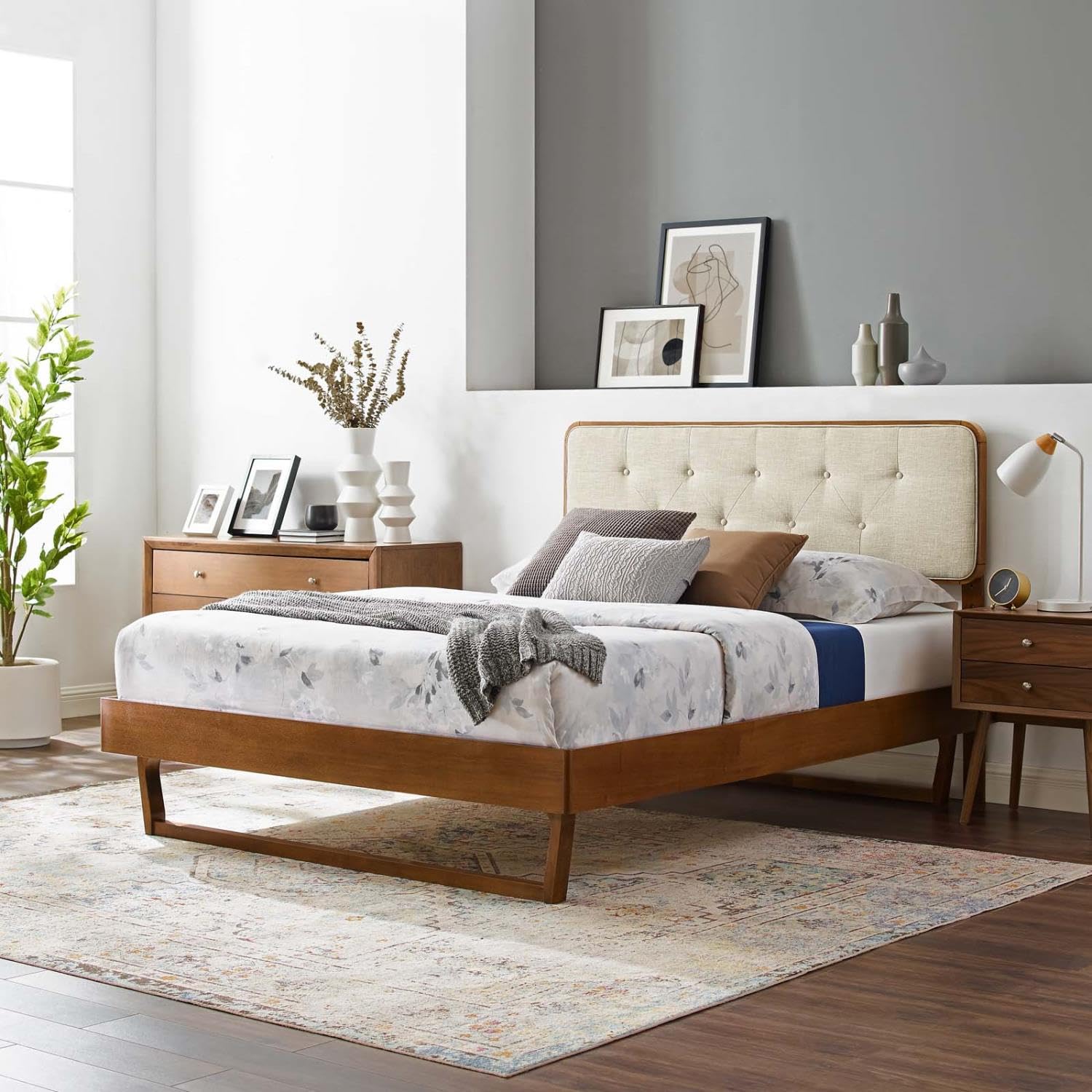 bed frames | CasaFoyer Bridgette Tufted Wood Queen Platform Bed | Modern Retro Style | Durable Construction | No Box Spring Needed | Easy Assembly | Walnut Beige | casafoyer.myshopify.com