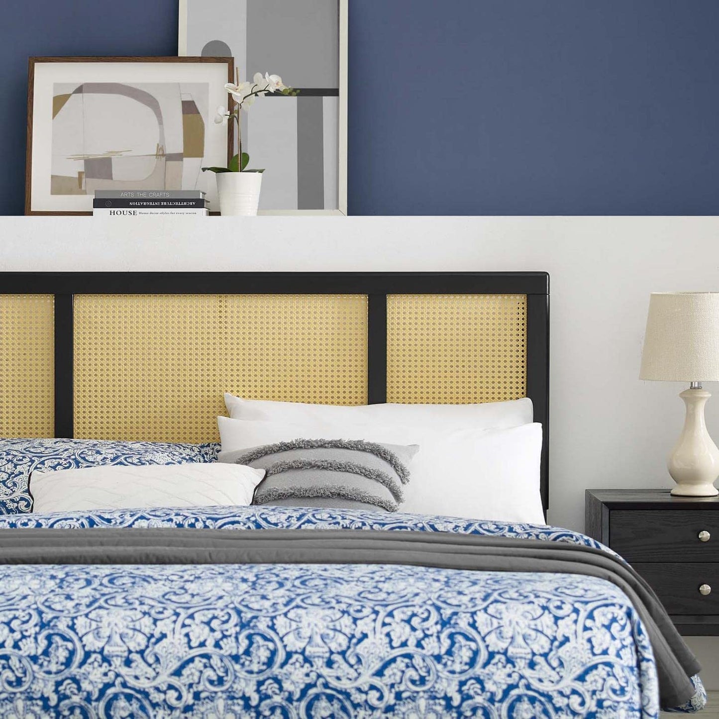Bed | CasaFoyer Delmare Cane Woven Rattan Full Headboard | Mid-Century Modern Tropical Style | Natural Wood Frame | Interchangeable with Billie and Margo Collections | Solid Rubberwood | Durable | Customizable Furniture | Assembly Required | casafoyer.myshopify.com