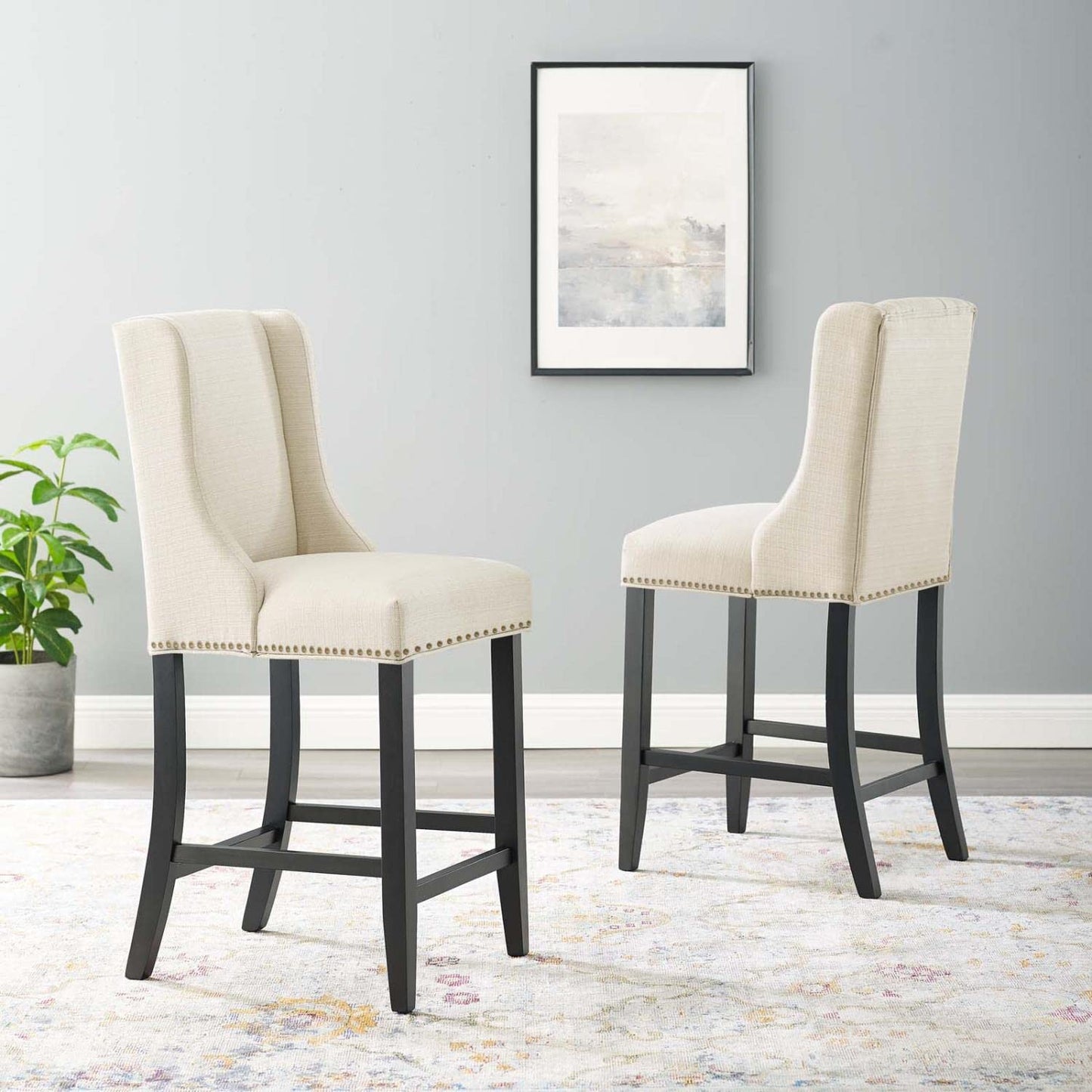 barstools | CasaFoyer Baron Upholstered Fabric Counter Stool Set of 2 | Beige | Contemporary Design | Nailhead Trim | Comfortable Foam Padding | Sturdy Solid Wood Frame | 500 lbs Capacity | casafoyer.myshopify.com