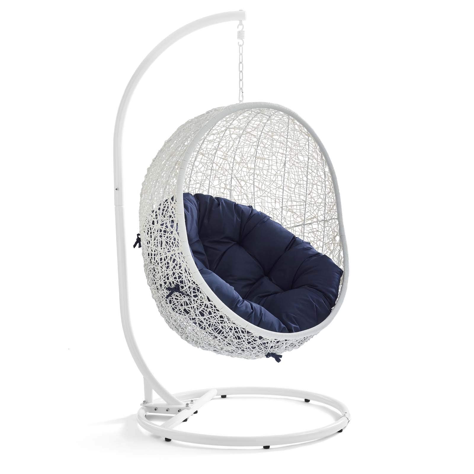porch swings | Ergode Hide Swing Chair with Stand | Synthetic Rattan | Sunbrella Cushion | Powder-Coated Steel Frame | Patio, Backyard, Porch, Poolside Decor | Indoor Lounge, Living, Bedroom | Weather & UV Resistant | White Navy | casafoyer.myshopify.com