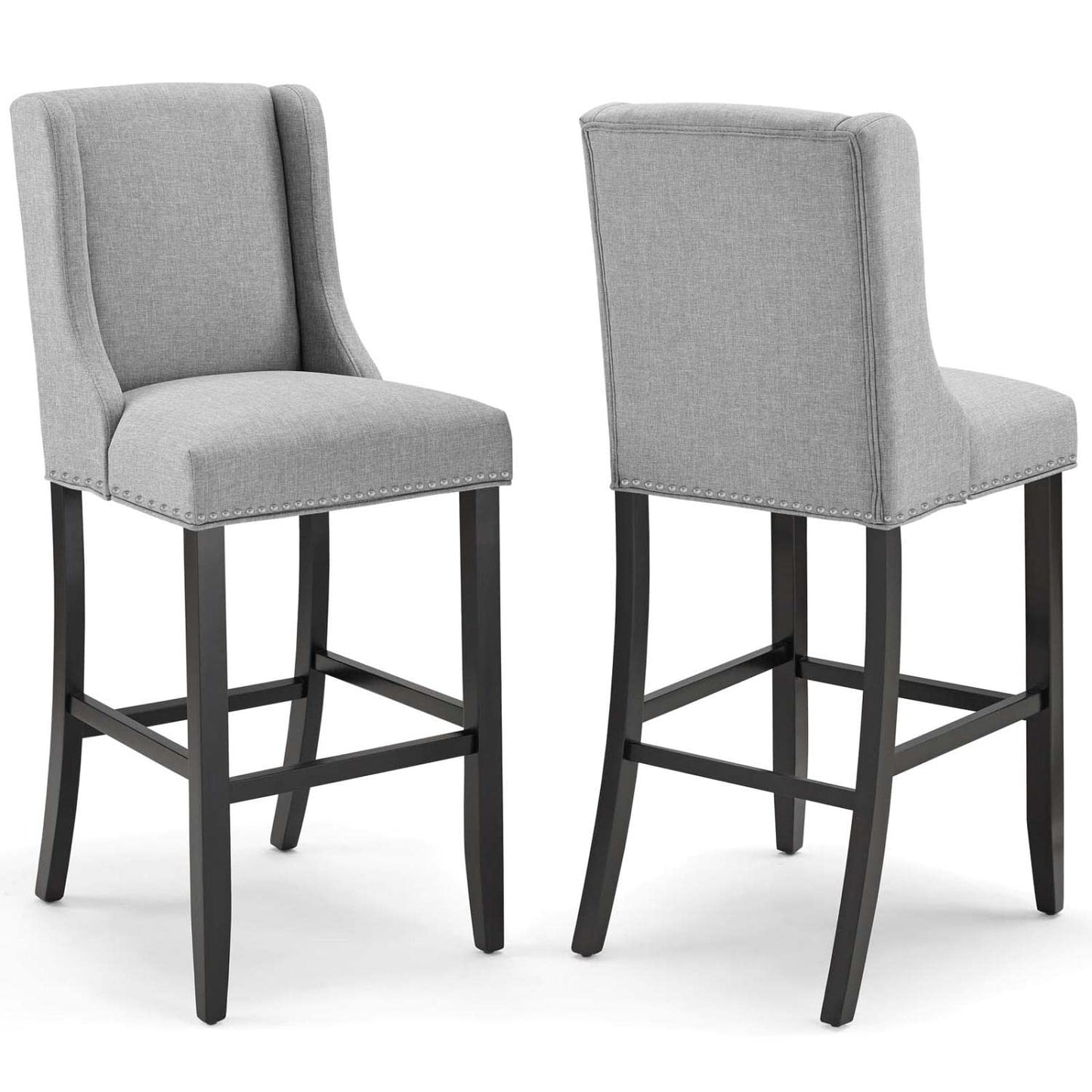 barstools | CasaFoyer Baron Upholstered Fabric Bar Stool Set of 2 | Refined Backrest | Nailhead Trim | Comfortable Padding | Solid Wood Frame | Light Gray | casafoyer.myshopify.com