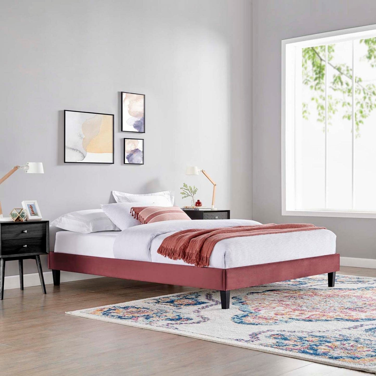 adjustable bed bases | CasaFoyer Reign Performance Velvet King Platform Bed Frame | Stain-Resistant Luxury Upholstered Bed | Poplar Wood Slat Support System | Dusty Rose | casafoyer.myshopify.com
