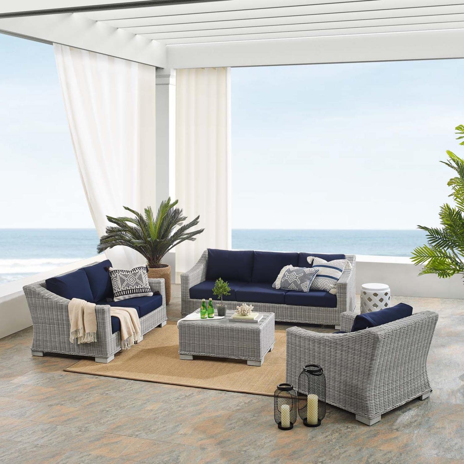 kitchen and dining room sets | CasaFoyer Conway Outdoor Patio Sunbrella Wicker Rattan 4-Piece Furniture Set | Stylish & Comfortable | UV-Resistant | Durable | Washable Covers | Sofa, Loveseat, Armchair, Coffee Table | casafoyer.myshopify.com