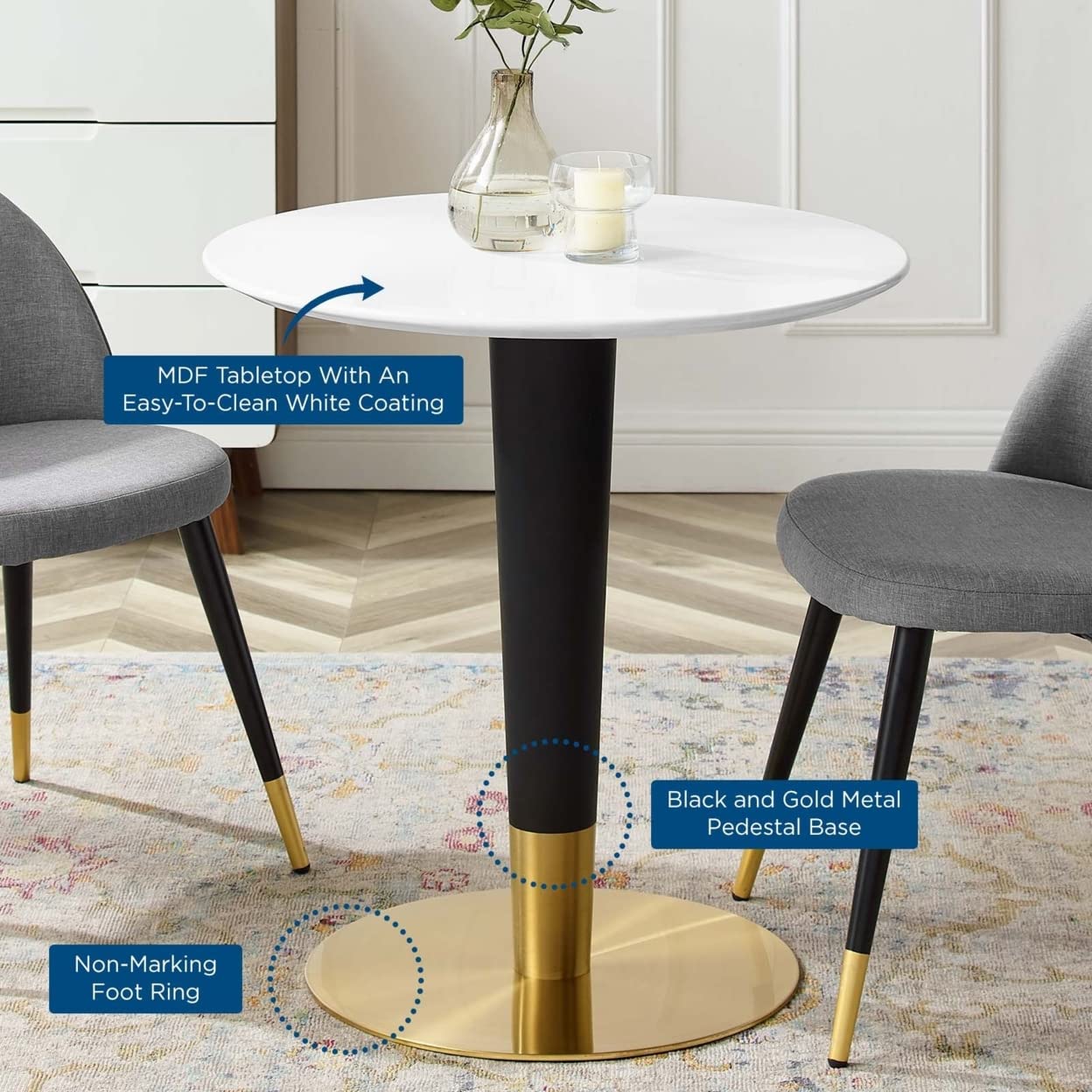 patio dining tables | CasaFoyer Zinque Dining Table | Modern Mid-Century Design | Black & Gold Base | 28 White Coated MDF Top | Easy to Clean | Non-Marking Ring | Assembly Required | casafoyer.myshopify.com