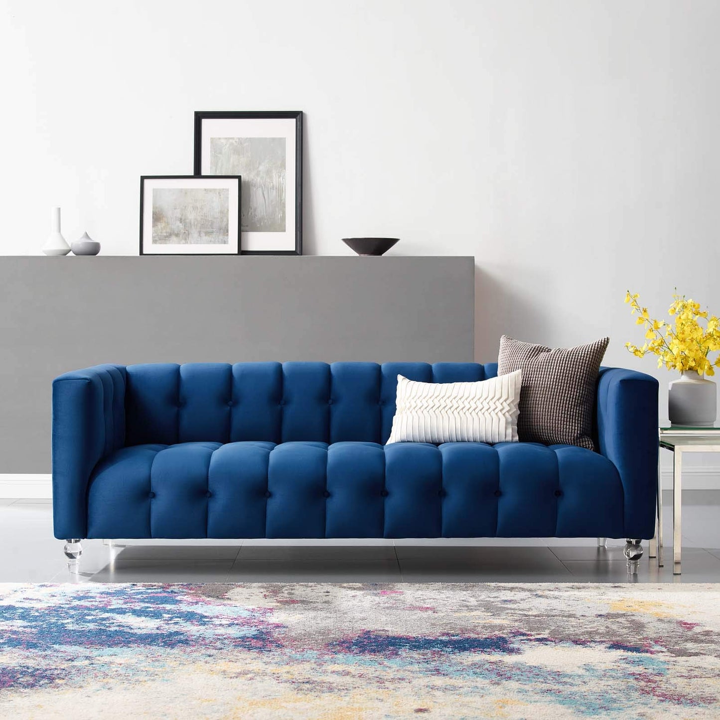 sofas | CasaFoyer Mesmer Channel Tufted Button Performance Velvet Upholstered Sofa | Vintage Glamour | Stain-Resistant & Comfortable | Retro Modern Design | Clear Acrylic Legs | 1323 lbs Capacity | casafoyer.myshopify.com