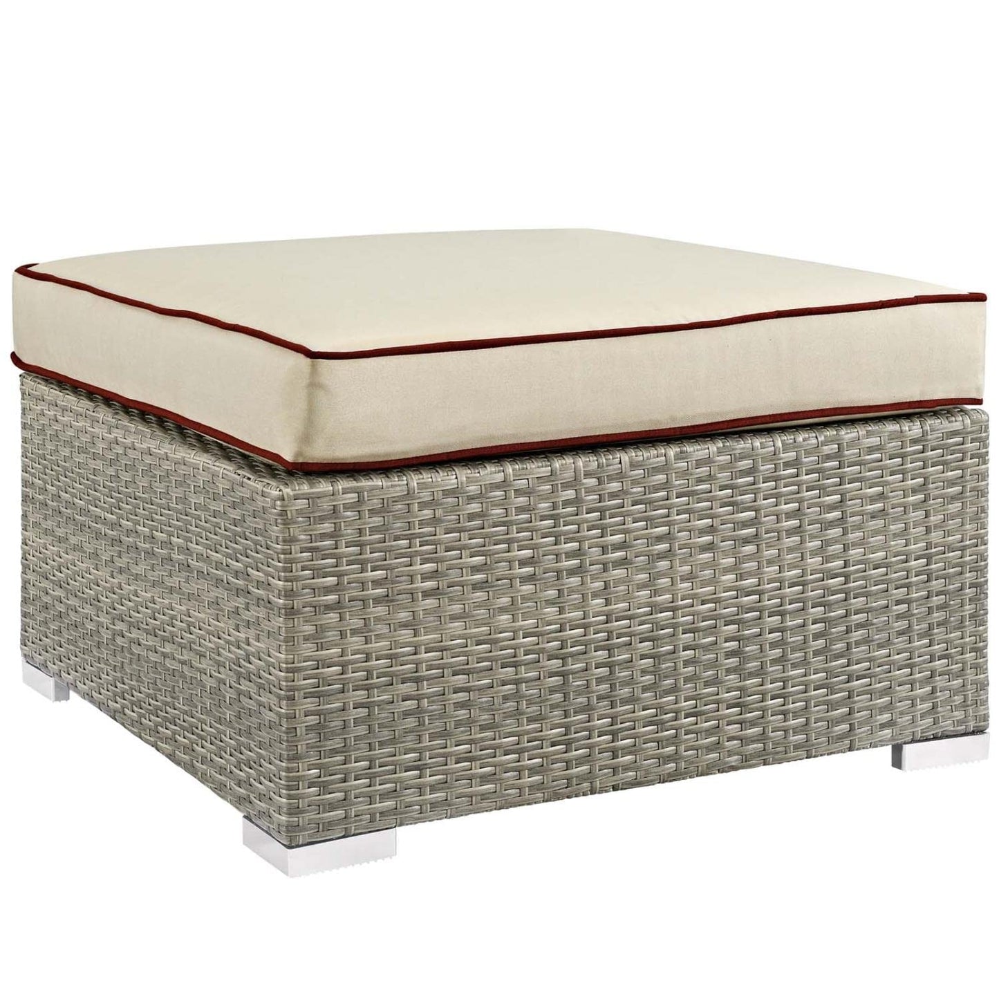 ottomans | CasaFoyer Repose Outdoor Patio Ottoman | Stylish & Comfortable | Tan & Gray Synthetic Rattan Weave | UV Protection | Plush 4-inch Cushions | Non-Marking Foot Pads | Sturdy Aluminum Frame | Supports 331 lbs. | casafoyer.myshopify.com