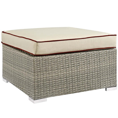 ottomans | CasaFoyer Repose Outdoor Patio Ottoman | Stylish & Comfortable | Tan & Gray Synthetic Rattan Weave | UV Protection | Plush 4-inch Cushions | Non-Marking Foot Pads | Sturdy Aluminum Frame | Supports 331 lbs. | casafoyer.myshopify.com