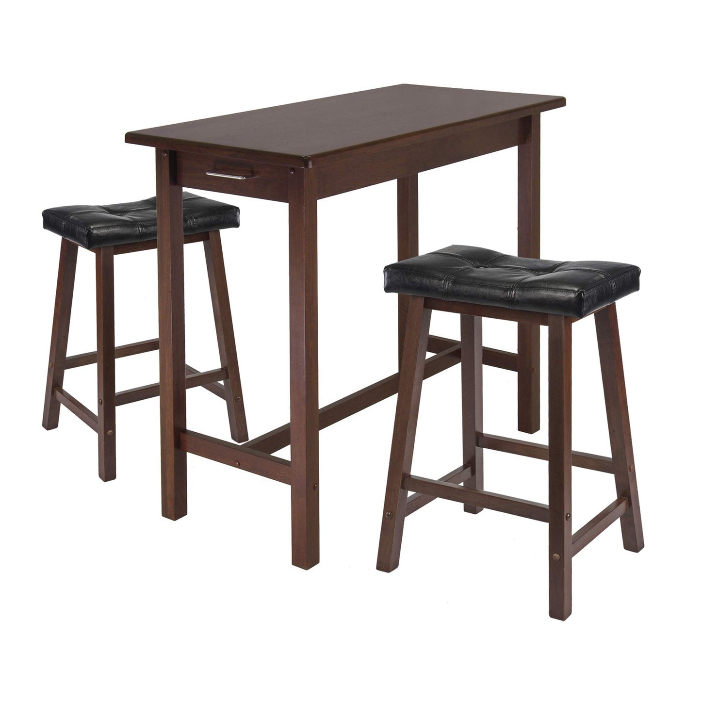 childrens table and chair sets | CasaFoyer Sally 3-Pc Breakfast Table Set | Antique Walnut Finish | Solid Wood | Ample Storage | 2 Cushion Saddle Seat Stools | Black Faux Leather Upholstery | casafoyer.myshopify.com
