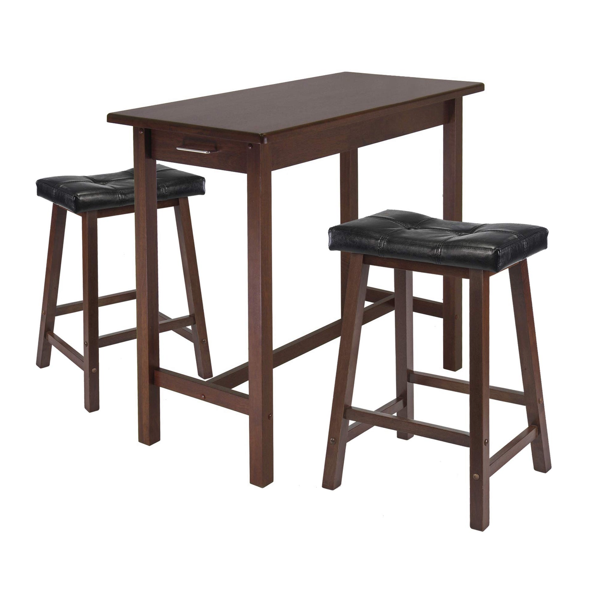 childrens table and chair sets | CasaFoyer Sally 3-Pc Breakfast Table Set | Antique Walnut Finish | Solid Wood | Ample Storage | 2 Cushion Saddle Seat Stools | Black Faux Leather Upholstery | casafoyer.myshopify.com