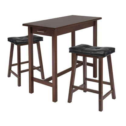 childrens table and chair sets | CasaFoyer Sally 3-Pc Breakfast Table Set | Antique Walnut Finish | Solid Wood | Ample Storage | 2 Cushion Saddle Seat Stools | Black Faux Leather Upholstery | casafoyer.myshopify.com