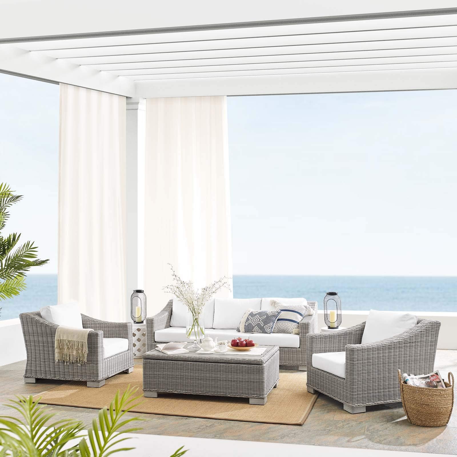 kitchen and dining room sets | CasaFoyer Conway Outdoor Patio Sunbrella Wicker Rattan 4-Piece Furniture Set | Comfortable, Durable, Stylish | Includes Sofa, Armchairs, Coffee Table | casafoyer.myshopify.com