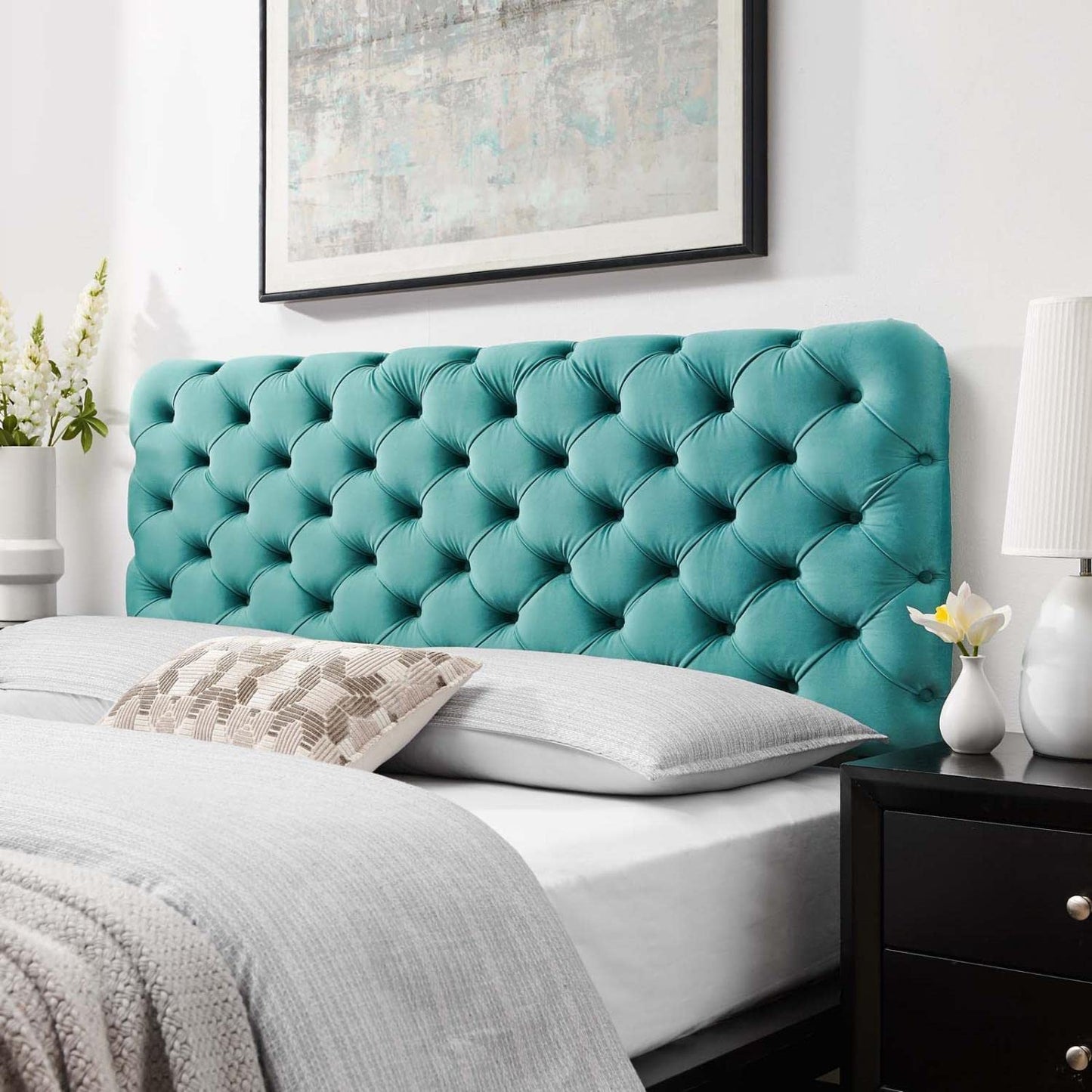 headboards | CasaFoyer Lizzy Tufted Twin Headboard | Performance Velvet | Elegant Diamond Pattern | Stain-Resistant | Durable | Easy Assembly | Teal | casafoyer.myshopify.com