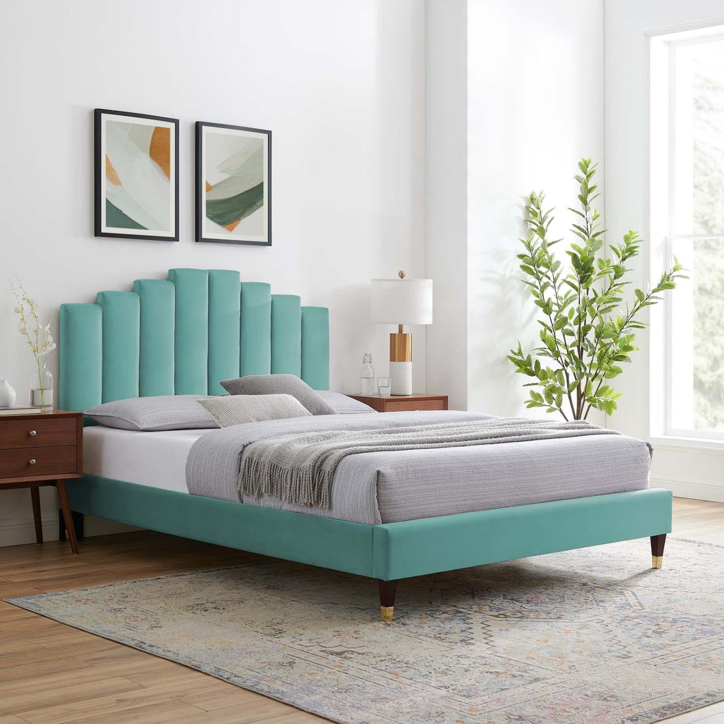 adjustable bed bases | CasaFoyer Elise Performance Velvet Queen Platform Bed | Art Deco Style | Stain-Resistant | Gold Metal Legs | Supports Memory Foam, Innerspring, Latex, Hybrid Mattresses | casafoyer.myshopify.com