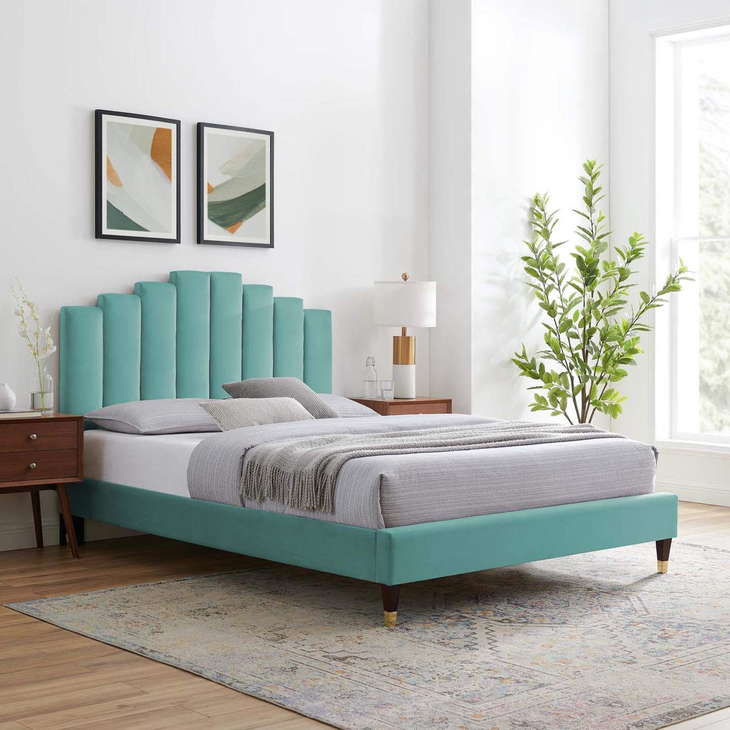 adjustable bed bases | CasaFoyer Elise Performance Velvet Queen Platform Bed | Art Deco Style | Stain-Resistant | Gold Metal Legs | Supports Memory Foam, Innerspring, Latex, Hybrid Mattresses | casafoyer.myshopify.com